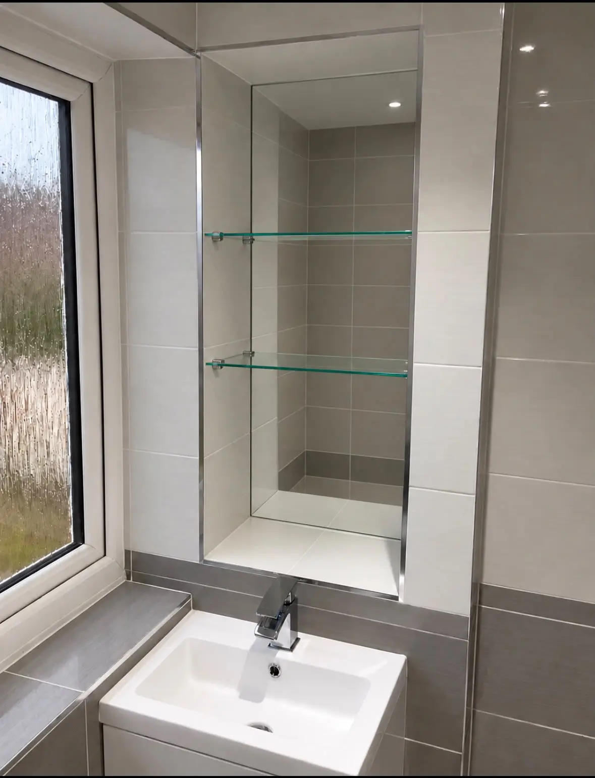 Recessed alcove with glass shelves beside the window, above the basin