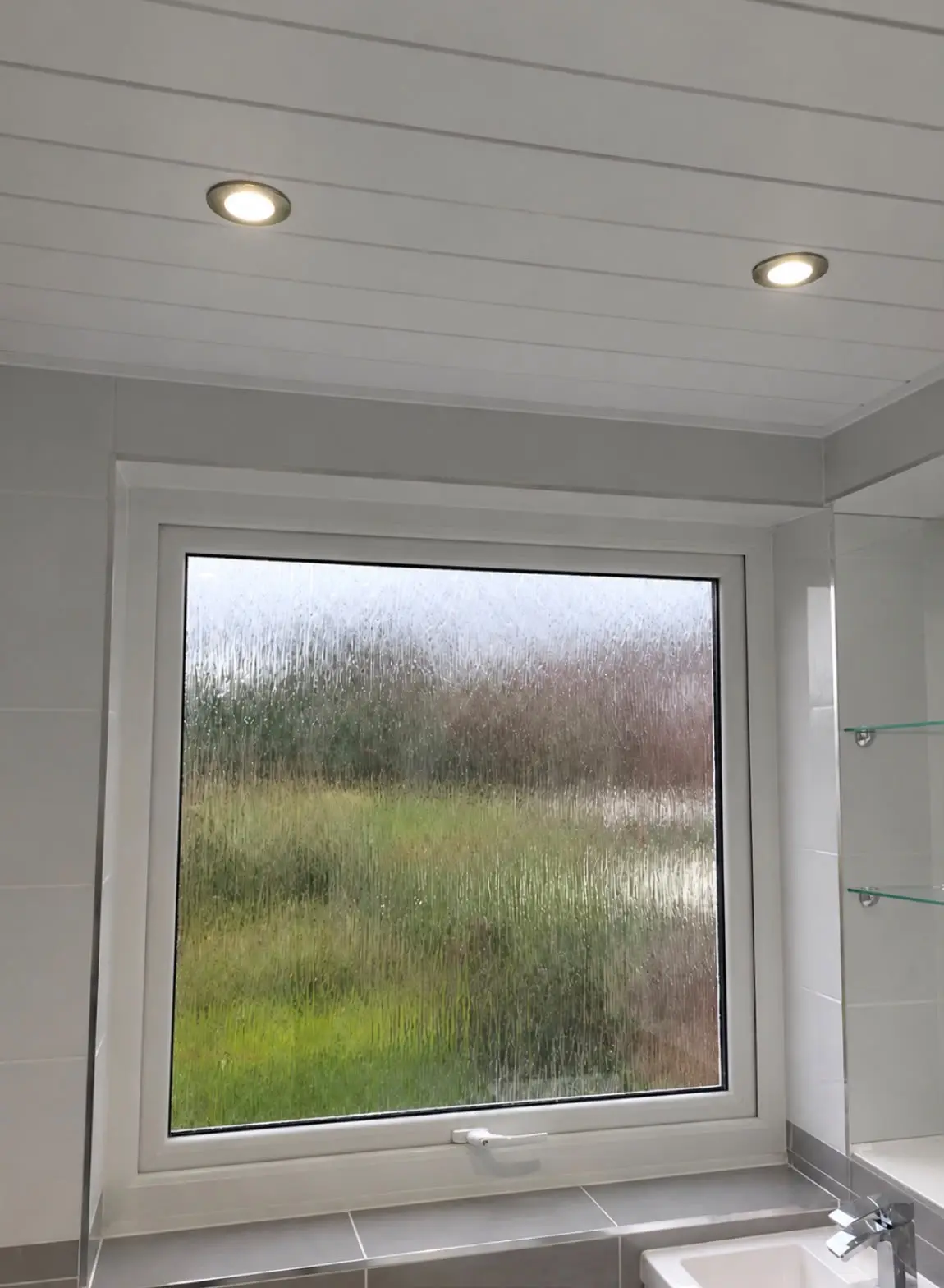 Obscure-glazed window and ceiling downlights