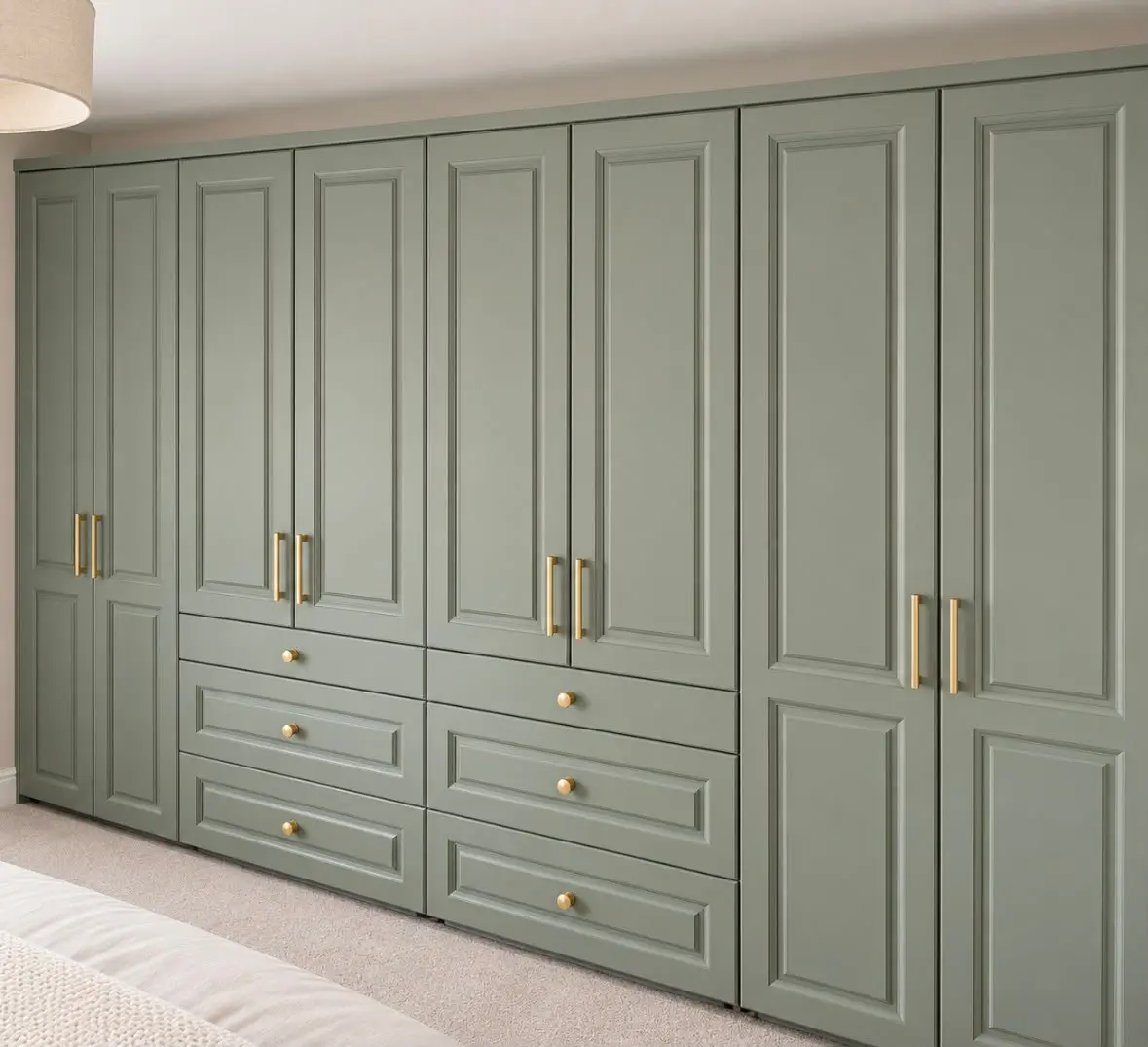 Sage green fitted wardrobe doors and drawer fronts