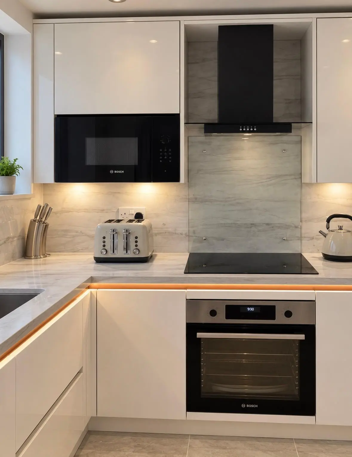 White gloss handleless kitchen with gold Milano trims, a black chimney extractor and built-in oven and microwave